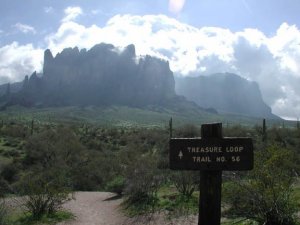 Mist shrowded Superstition mountains as seen from the Treasure Loop Trail
